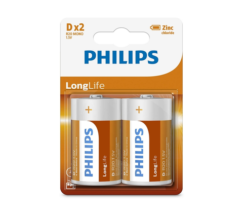 Predlžovacie káble Philips Philips R20L2B/10 - 2 ks Zinkochloridová batéria D LONGLIFE 1,5V 