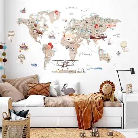 Nálepky na stenu Hnedá mapa sveta pre malých dobrodruhov