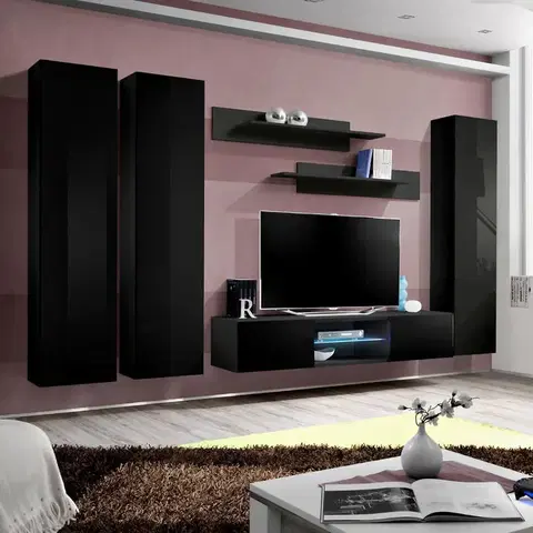 Podkrovný nábytok Obývacia stena Fly P čierna  + LED
