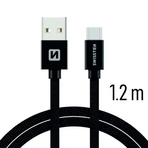 Dáta príslušenstvo Dátový kábel Swissten textilný s USB-C konektorom a podporou rýchlonabíjania, Black 71521201