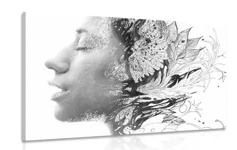 Čiernobiele obrazy Obraz žena s maľovanými kvetmi v čiernobielom prevedení