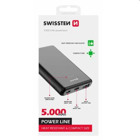 Powerbanky Swissten Power Line powerbanka 5 000 mAh 10 W, čierna 22013910