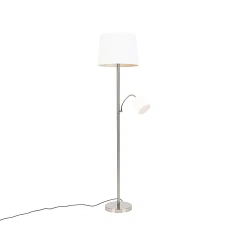Stojace lampy Klasická stojaca lampa z ocele s bielym tienidlom a svetlom na čítanie - Retro