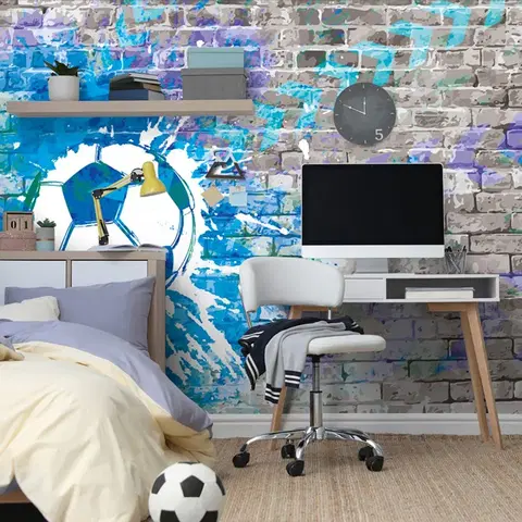 Samolepiace tapety Samolepiaca tapeta modrá futbalová lopta na tehlovej stene