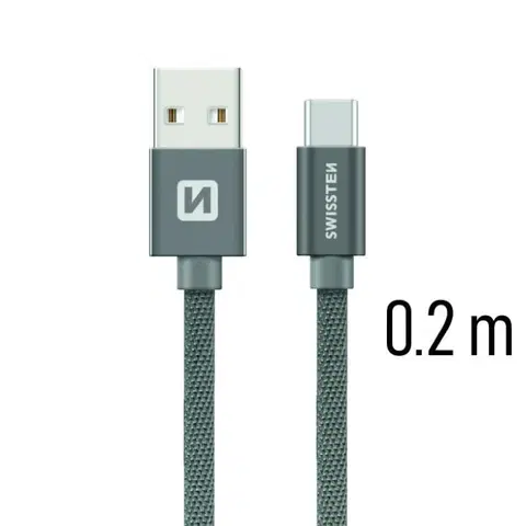 USB káble Dátový kábel Swissten textilný s USB-C konektorom a podporou rýchlonabíjania, sivý 71521102