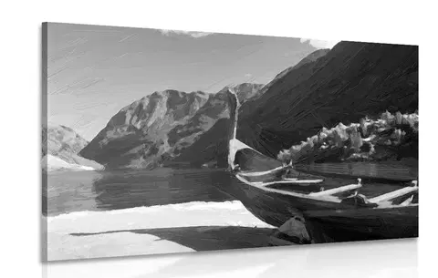 Čiernobiele obrazy Obraz drevená vikingská loď v čiernobielom prevedení