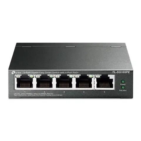 Switche TP-Link TL-SG105PE, 5 portov gigabitový inteligentný sieťový switch so 4 portmi PoE, 4x gigabitové PoE porty, 1x gigabitové Non-Po TL-SG105PE