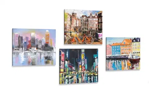 Zostavy obrazov Set obrazov mestá s imitáciou olejomaľby