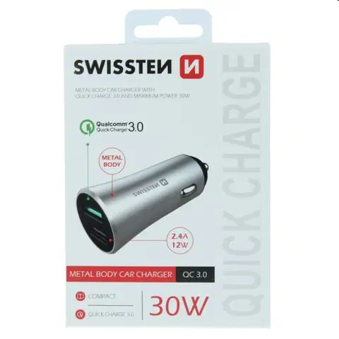 Nabíjačky pre mobilné telefóny Autonabíjačka Swissten s podporou Qualcomm Quick Charge 3.0, 30 W, matná strieborná 20111630