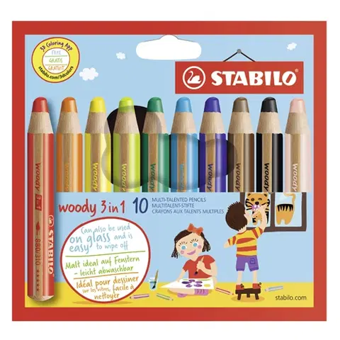 Hračky STABILO - Pastelky woody 3 v 1 - farbička, vdodovka, voskovka - 10 ks rôznych farieb