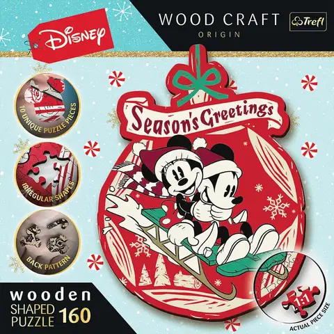 Hračky puzzle TREFL -  Drevené puzzle 160 dielikov - Vianočné dobrodružstvo Mickeyho a Minnie / Disney