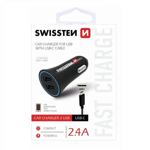 Nabíjačky pre mobilné telefóny Autonabíjačka Swissten 2.4A s 2 x USB a kábel USB-C 20110908