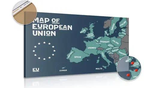 Obrazy na korku Obraz na korku náučná mapa s názvami krajín európskej únie