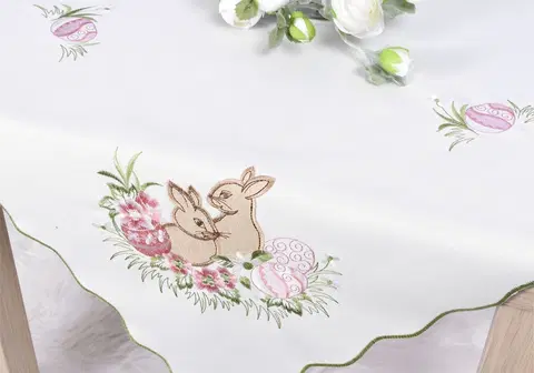 Obrusy Obrus veľkonočné, Veľkonočné zajace a ružové kraslice 40 x 90 cm