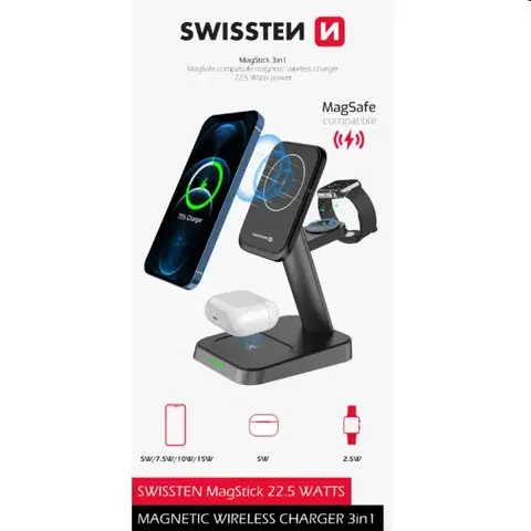 Nabíjačky pre mobilné telefóny Swissten MagStick bezdrôtová nabíjačka 3 v 1 22,5W, čierna 22055508