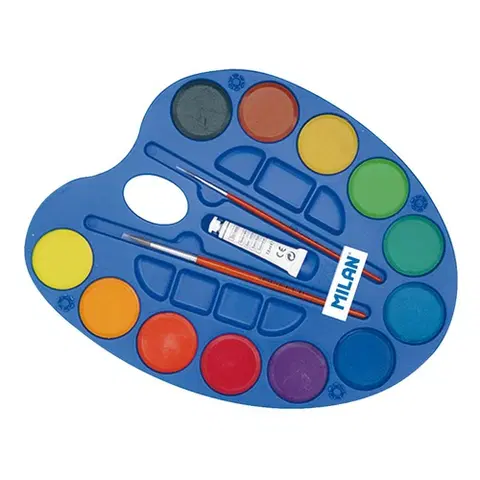 Kreatívne a výtvarné hračky MILAN - Farby vodové - 12 farieb, 45 mm + 2 x štetec + 1 biela farba