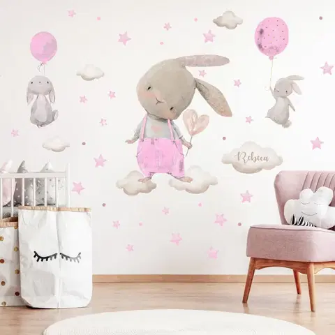 Nálepky na stenu Nálepky pre dievčatko - Akvarelové zajačiky v ružovej farbe