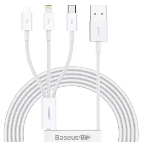 Dáta príslušenstvo Baseus CAMLTYS-02 Superior Fast Charging Dátový Kábel 3v1 USB-C/ Lightning/ MicroUSB 1.5m, biely 57983104529