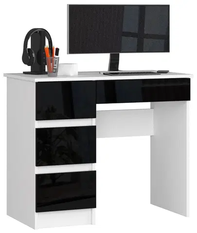 Písacie stoly Dizajnový písací stôl ZEUS90L, biely / čierny lesk