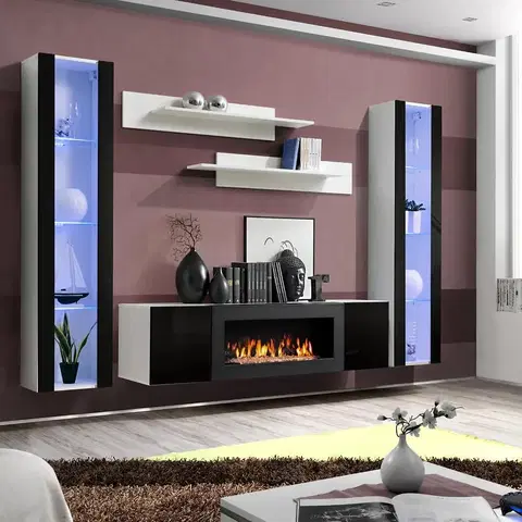 Podkrovný nábytok Obývacia stena + Biokrb Fly M2 + Skło čierna/biela + LED