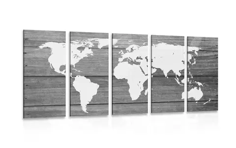 Obrazy mapy 5-dielny obraz čiernobiela mapa sveta s dreveným pozadím
