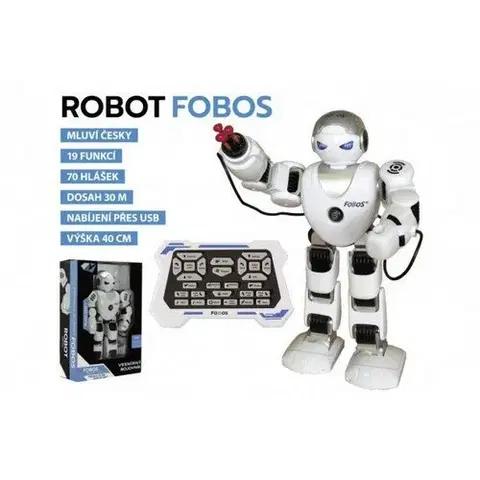 Drevené hračky Teddies Robot RC FOBOS plast interaktívny chodiaci 40cm česky hovoriaci na batérie s USB v krabici 31x45x13cm