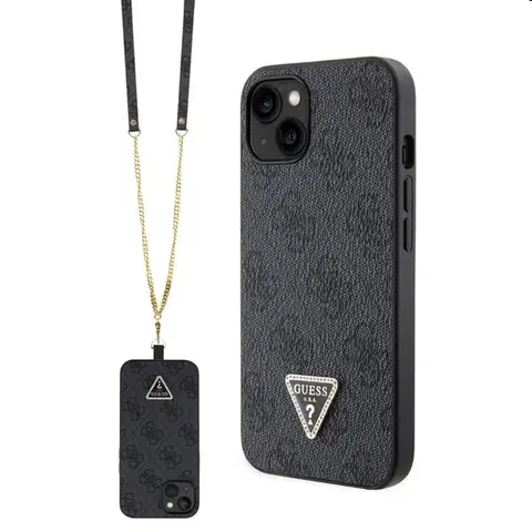 Puzdrá na mobilné telefóny Zadný kryt Guess PU 4G Strass Triangle Metal Logo s popruhom pre iPhone 15, čierna 57983116654