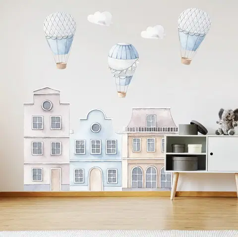 Nálepky na stenu Modré domčeky do detskej izby s balónmi
