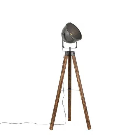 Stojace lampy Priemyselná stojaca lampa statív oceľový s dreveným sklopným - Emado