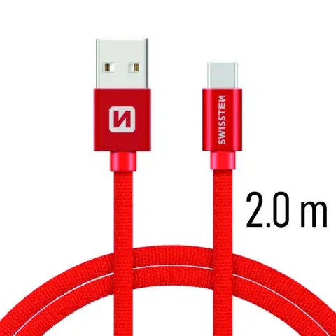USB káble Dátový kábel Swissten textilný s USB-C konektorom a podporou rýchlonabíjania, červený 71521306