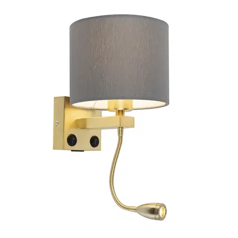Nastenne lampy Nástenná lampa v štýle art deco zlatá s USB a šedým tienidlom - Brescia