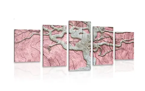 Obrazy stromy a listy 5-dielny obraz abstraktný strom na dreve s ružovým kontrastom