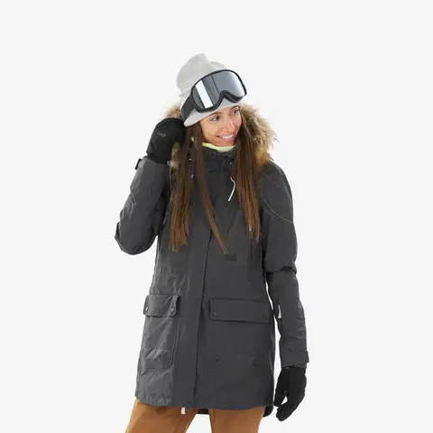 bundy a vesty Dámska dlhá bunda SNB 500 Ziprotec na snowboard sivá