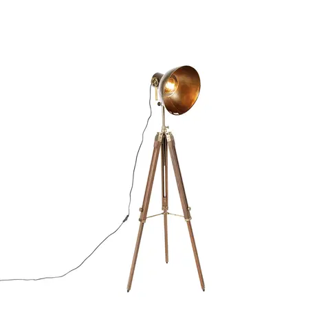 Stojace lampy Priemyselná statívová stojaca lampa bronzová s drevom - Mangoes