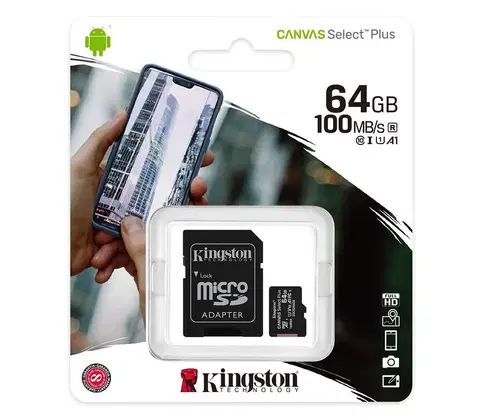 Predlžovacie káble Kingston Kingston SDCS2/64GB - MicroSDXC 64GB Canvas Select Plus U1 100MB/s + SD adaptér 