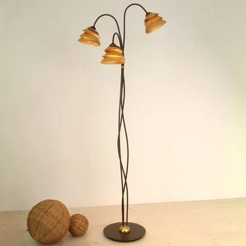 Stojacie lampy Holländer Stojaca lampa Snail 3-plameňová v hnedo-zlatej