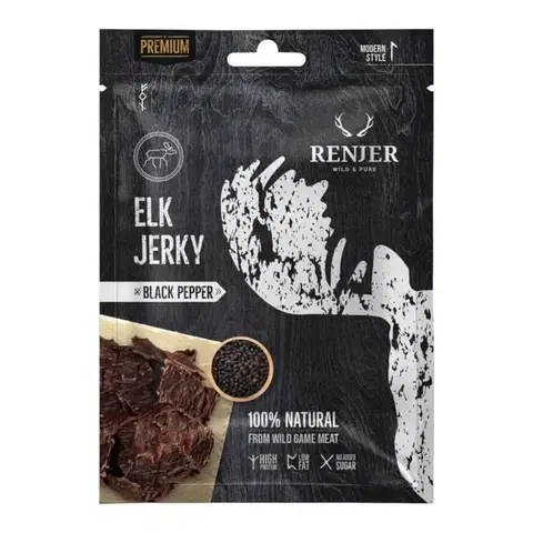 Sušené mäso Renjer Sušené losie mäso Elk Jerky 15 x 25 g čierne korenie