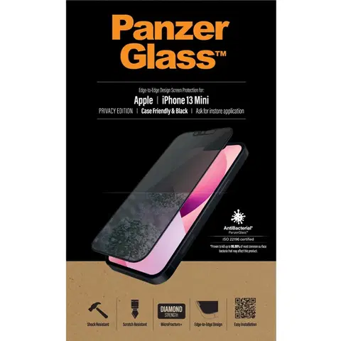 Tvrdené sklá pre mobilné telefóny Ochranné temperované sklo PanzerGlass Case Friendly AB s privátnym filtrom pre Apple iPhone 13 Mini, čierne PROP2744