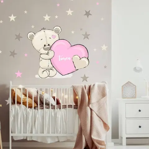 Nálepky na stenu Nálepka pre deti nad postieľku - Macík s ružovým srdiečkom