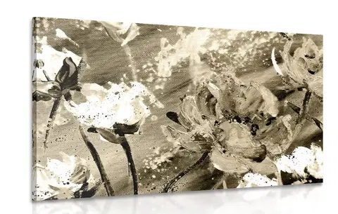Čiernobiele obrazy Obraz maľované kvety v sépiovom prevedení