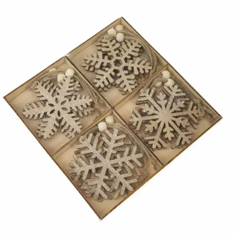 Vianočné dekorácie Súprava drevených závesných vločiek v krabičke 12 ks, hnedá