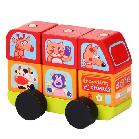 Hračky - dopravné stroje a traktory CUBIKA - 13197 Minibus šťastné zvieratká - drevená skladačka 7 dielov