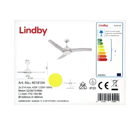 Ventilátory Lindby Lindby - Stropný látor EMANUEL 2xE14/42W/230V + diaľkové ovládanie 