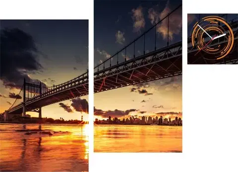 Hodiny 3-dielny obraz s hodinami, Irregular Bridge sunset, 90x60cm