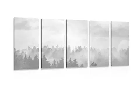 Čiernobiele obrazy 5-dielny obraz hmla nad lesom v čiernobielom prevedení