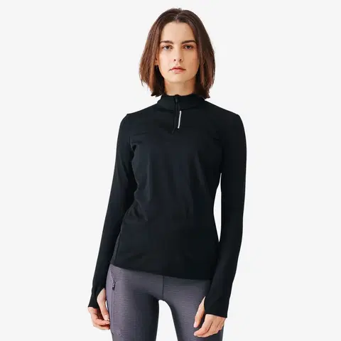 mikiny Dámske hrejivé bežecké tričko s dlhým rukávom Zip warm čierne
