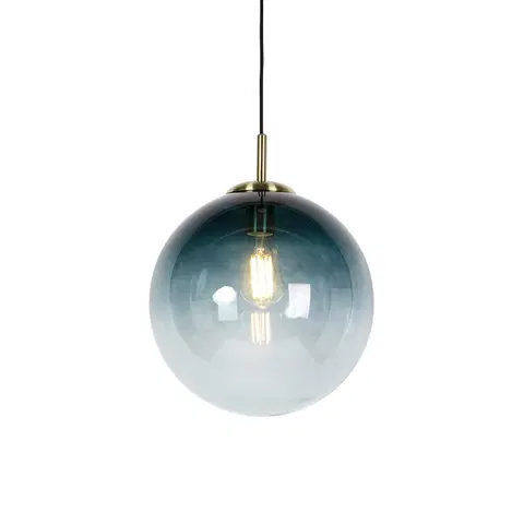 Zavesne lampy Art deco závesná lampa mosadz s oceánsky modrým sklom 33 cm - Pallon