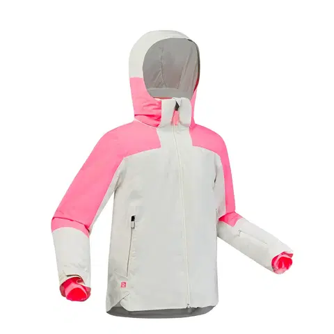 bundy a vesty Detská lyžiarska hrejivá a nepremokavá bunda 900 bielo-ružová