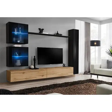 Podkrovný nábytok Obývacia stena Switch XVIII Sklo +LED čierna/Wotan