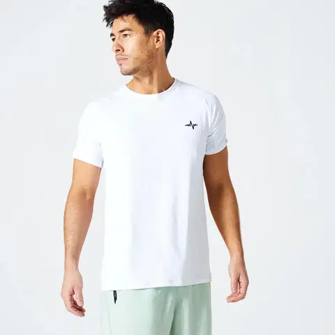 fitnes Pánske tričko 120 na fitnes priedušné s okrúhlym výstrihom biele